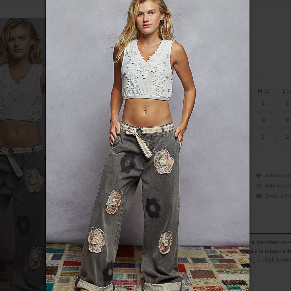 POL Women's Straight Leg Jeans in Washed Gray with Floral Patches - Picture 2 of 6